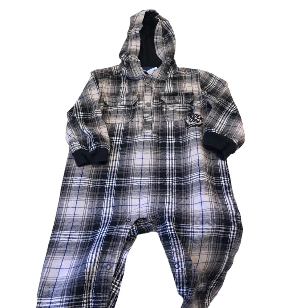 Amy Coe Black & White Plaid Flannel “Rock On” Hooded Onesie